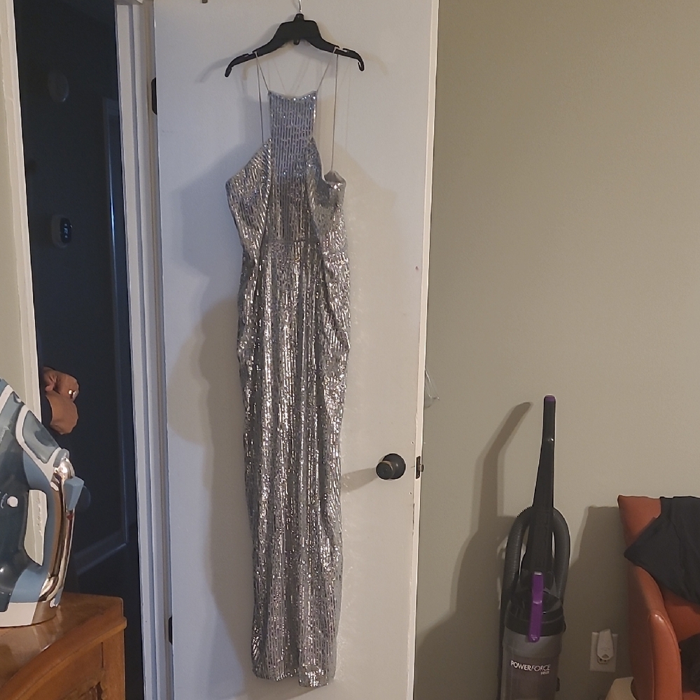 Adrianna Papell Silver Sequin Gown